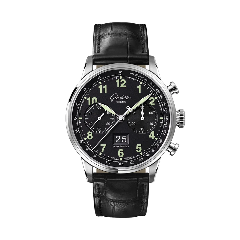 Senator Chronograph Navigator 41mm - Black Lacquer on Leather Strap