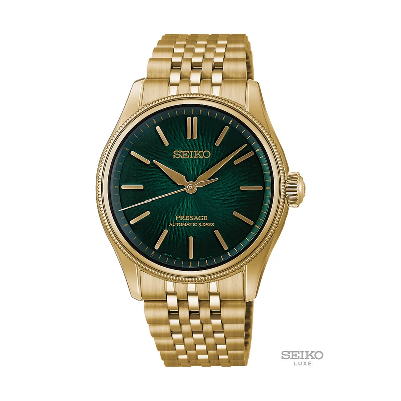 HCC009 Presage Classic "Tradman’s Bonsai" Gold-Tone Limited Edition 38mm - Green on Bracelet w/ Additional Strap