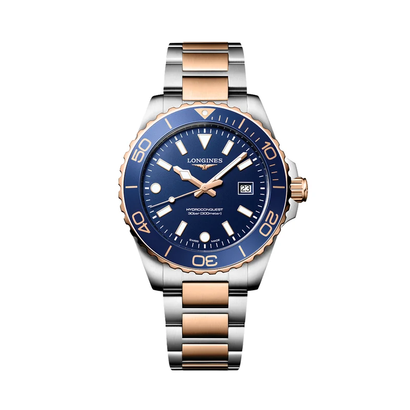 HydroConquest Quartz Red PVD Two-Tone 42mm - Blue on Bracelet
