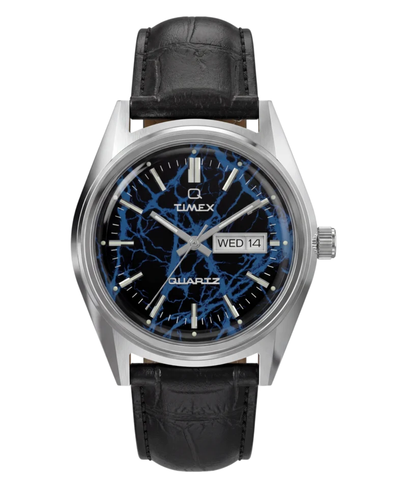 Q Timex Blue Vega 38mm Leather Strap Watch