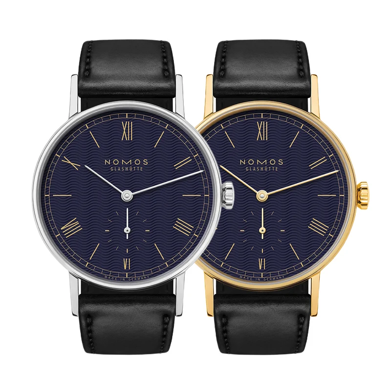 Twice Unique "Moiré" Steel and Gold Ludwig 35mm - Blue on Leather Strap