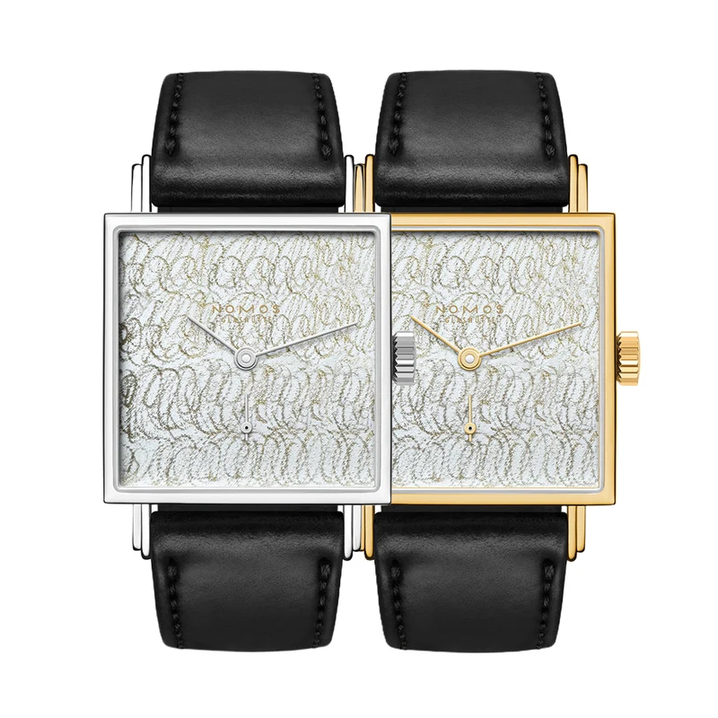Twice Unique "Scribble" Tetra Steel and Gold 27 - Silver on Leather Strap