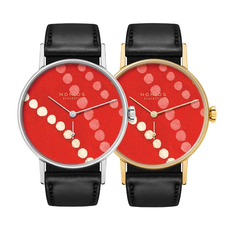 Twice Unique "Rive Gauche" Ludwig Steel and Gold 35mm - Red on Leather Strap