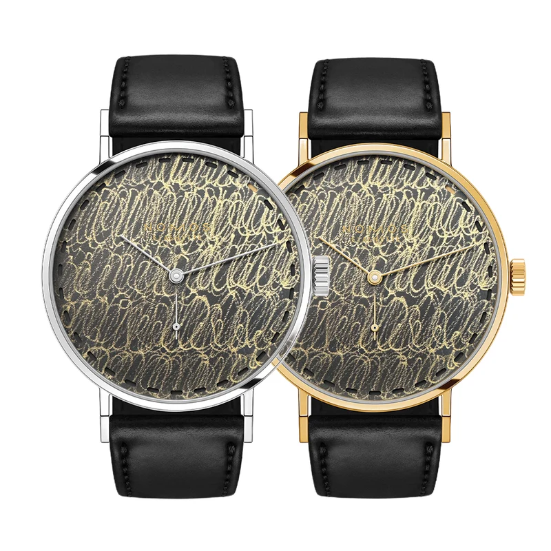 Twice Unique "Scribble Dark" Tangente Neomatik Update Steel and Gold 38mm - Grey on Leather Strap