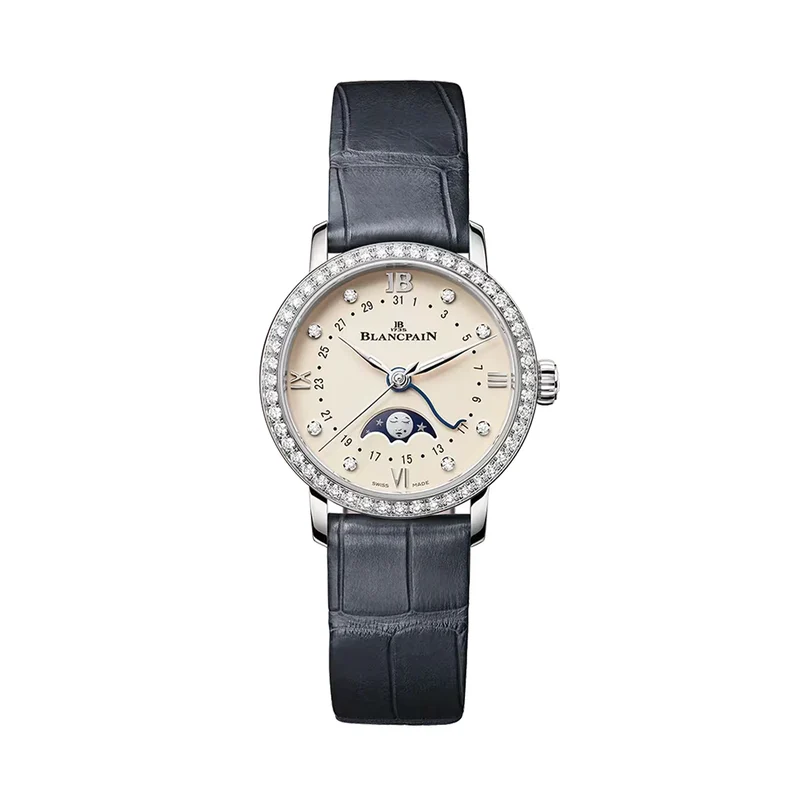 Villeret Phases de Lune 29.2mm - Gold-Toned Opaline, Diamond-Set on Leather Strap