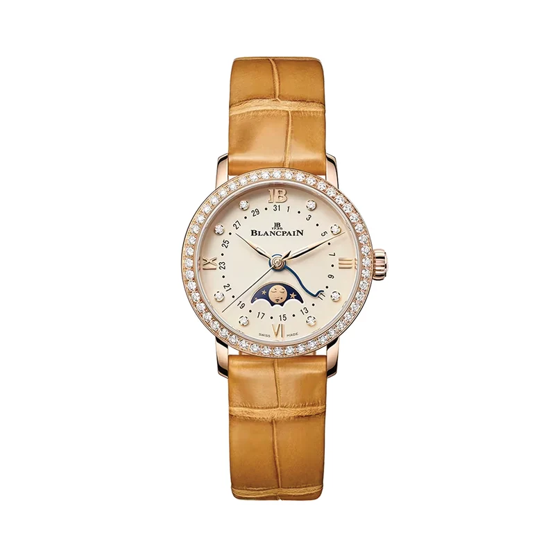 Villeret Phases de Lune 18K Red Gold 29.2mm - Gold-Toned Opaline, Diamond-Set on Leather Strap