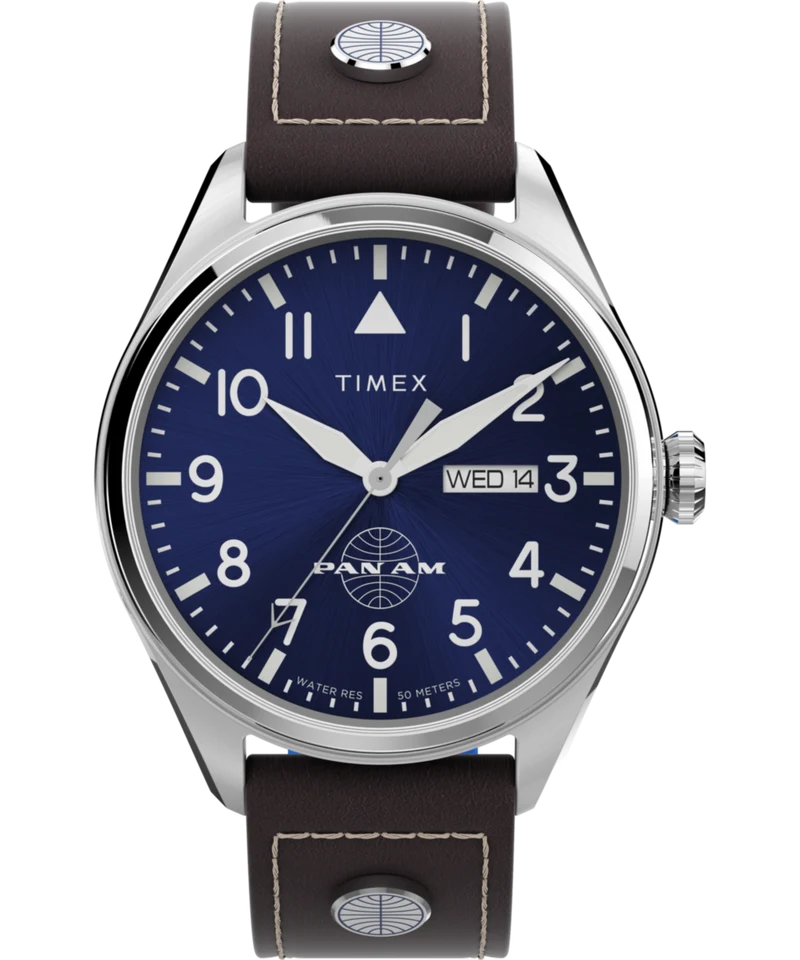 Pan Am x Timex Day-Date 42mm Leather Strap Watch