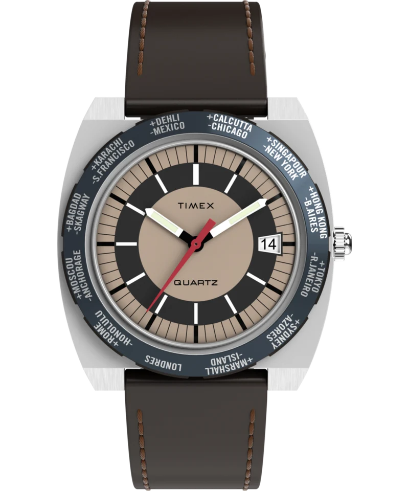 Q Timex® 1972 World Time 39mm Leather Strap Watch