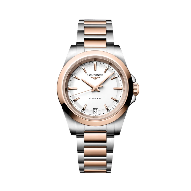 Conquest Quartz Pink PVD Two-Tone 34mm - White on Bracelet