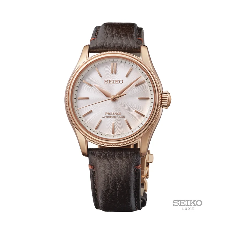 HCC008 Presage Classic Series Limited Edition Pink Gold Plated 38mm - Silver on Leather Strap