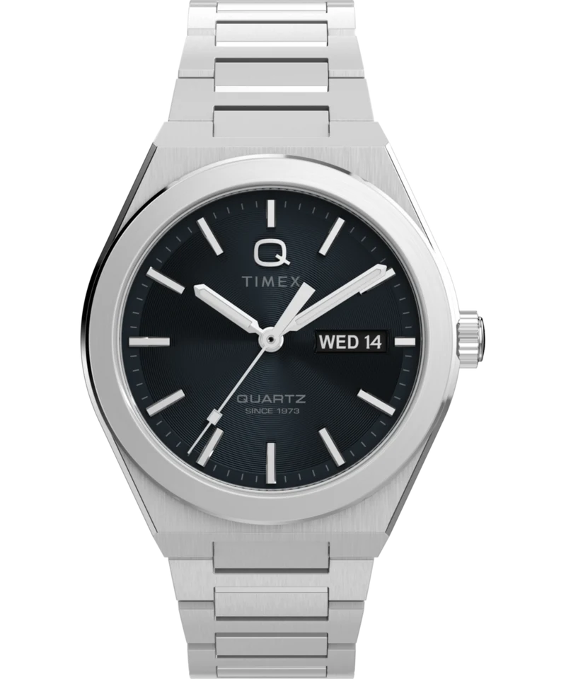 Q Timex® Continental Day and Date 39mm Stainless Steel Bracelet Watch