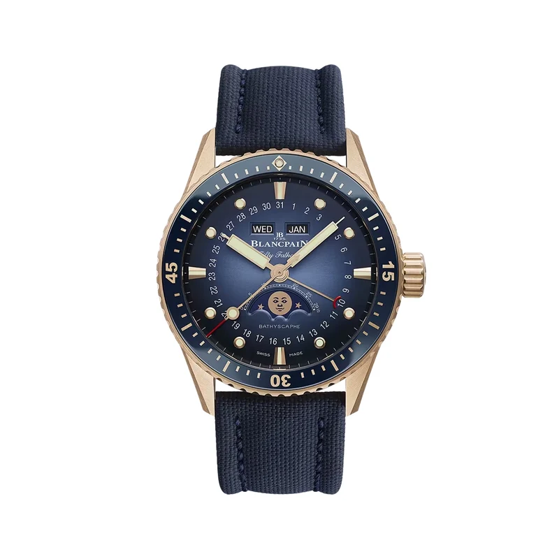 Fifty Fathoms Bathyscaphe Quantième Complet Phases de Lune Red Gold 43mm - Blue on Fabric Strap