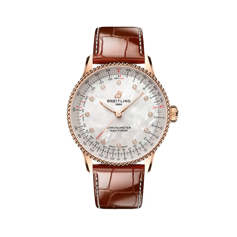 Navitimer Automatic Red Gold 36mm - White w/ Diamonds on Leather Strap