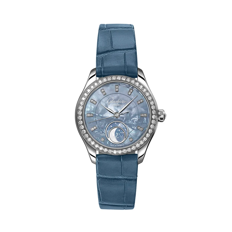 Serenade Luna "Skyline Blue" 32.5mm - Blue w/ Diamonds and Diamond Bezel on Leather Strap