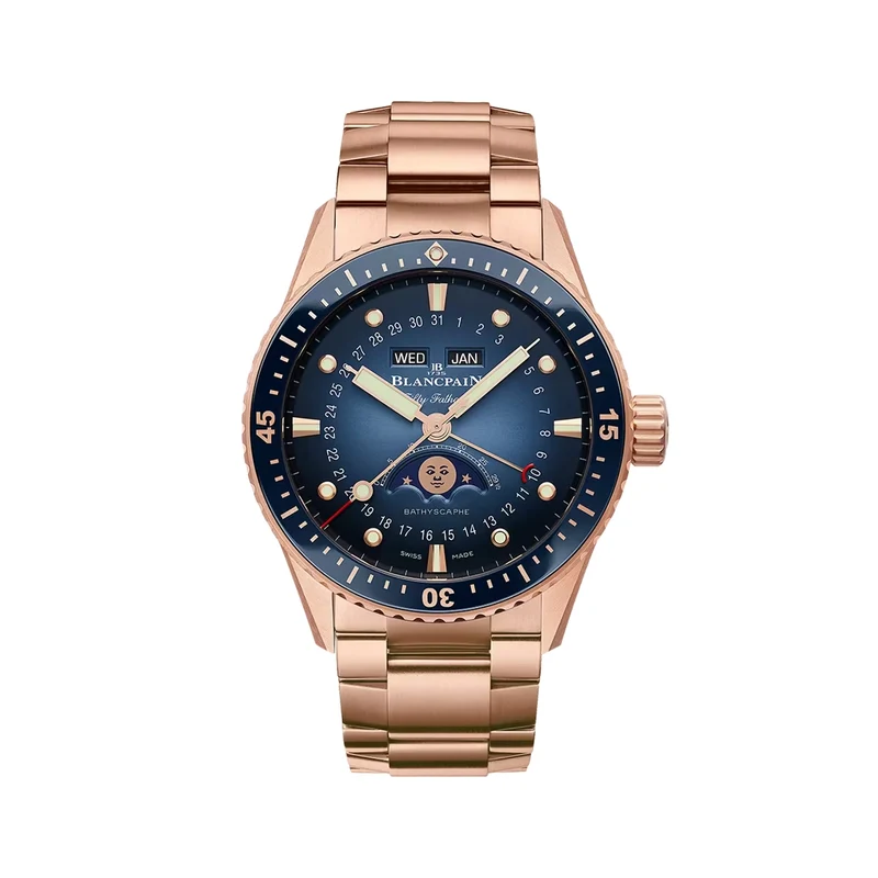 Fifty Fathoms Bathyscaphe Quantième Complet Phases de Lune Red Gold 43mm - Blue on Bracelet