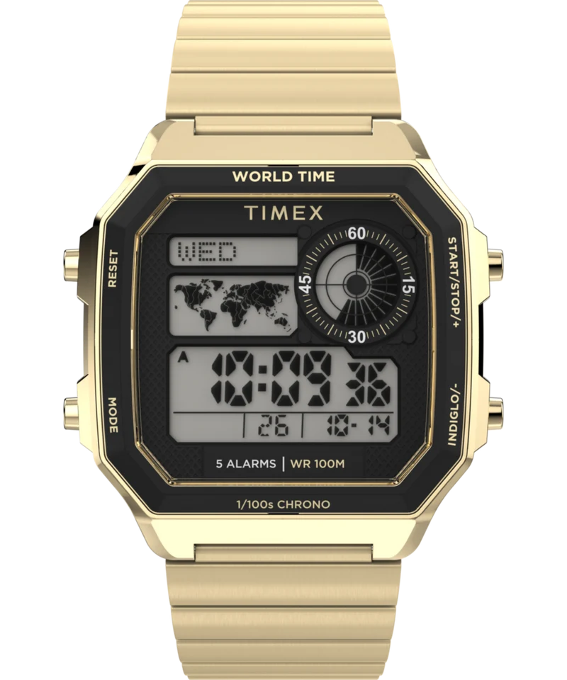 World Time Digital 40mm Stainless Steel Bracelet Watch