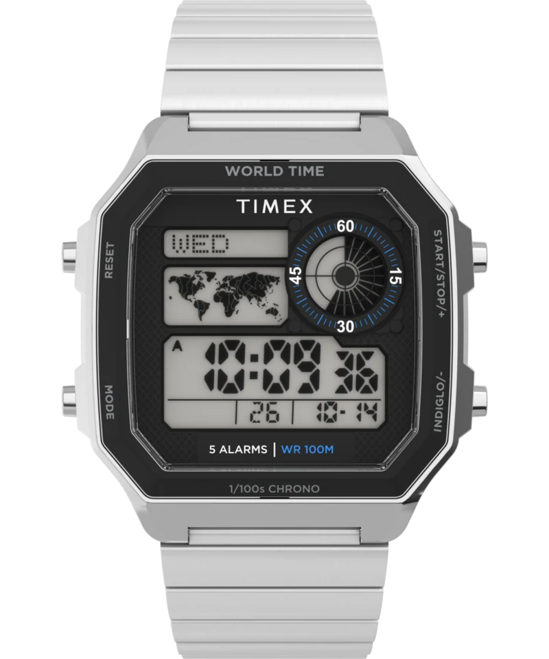 World Time Digital 40mm Stainless Steel Bracelet Watch