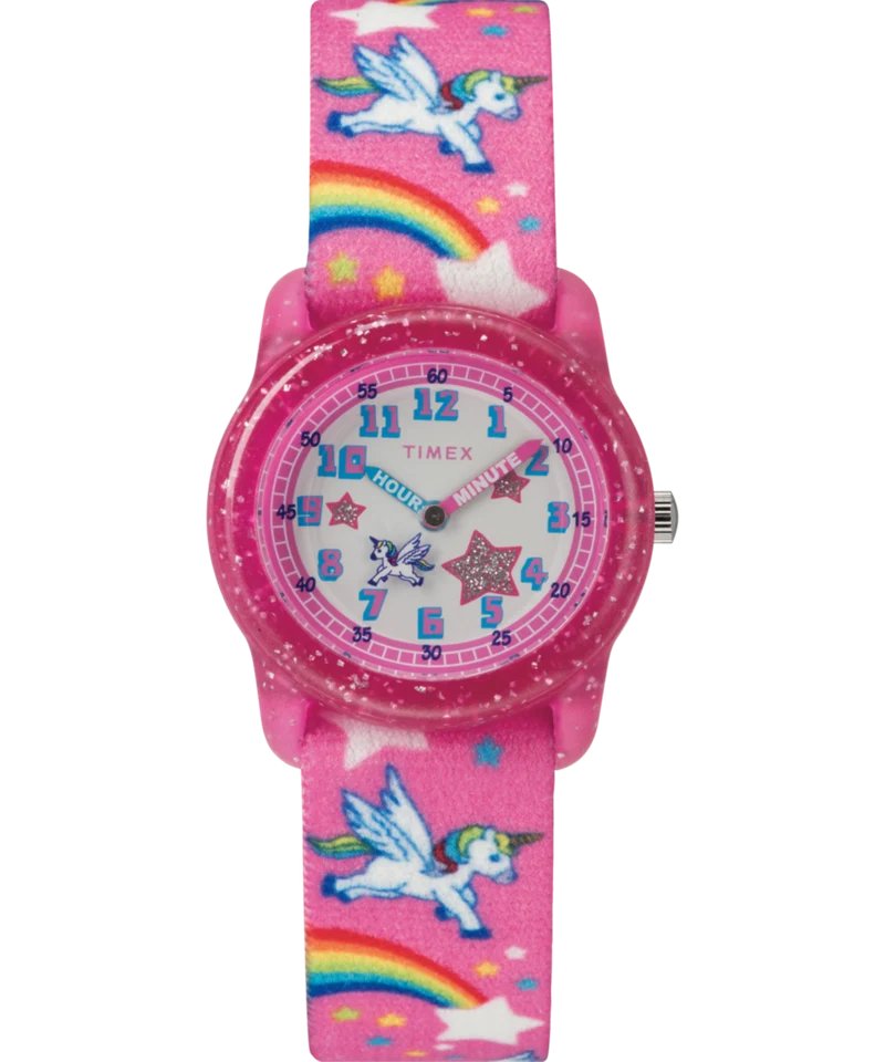 TIMEX TIME MACHINES® 29mm Rainbow Unicorn Pink Elastic Fabric Kids Watch