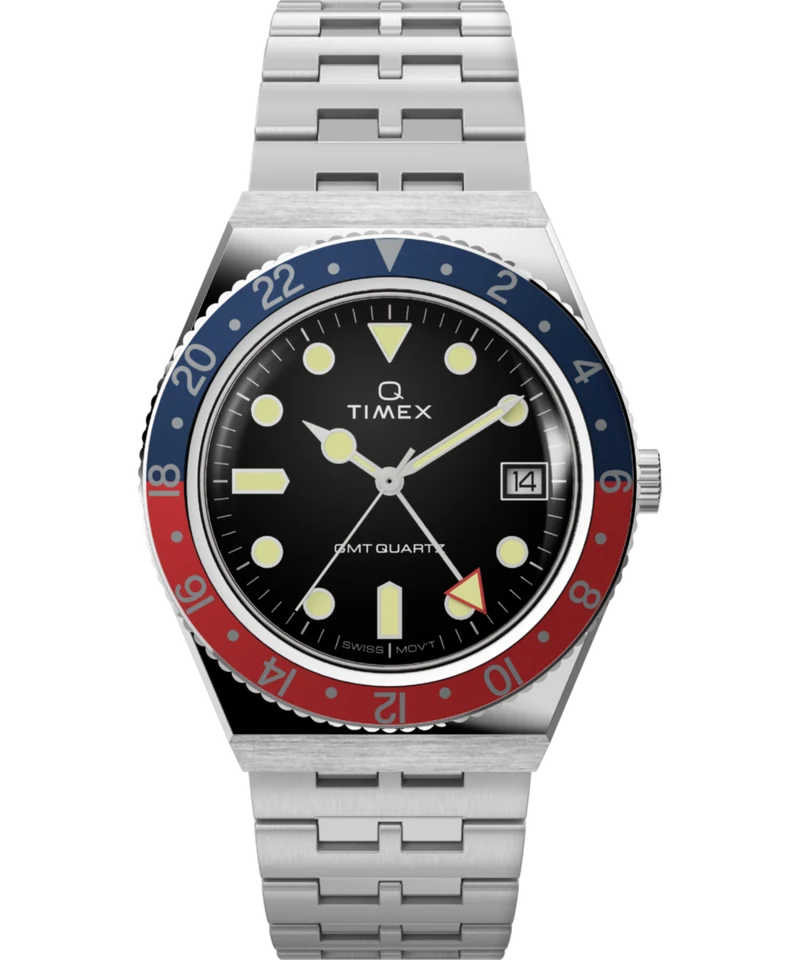 Q Timex GMT 38mm Stainless Steel Bracelet Watch
