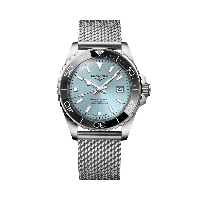 HydroConquest 42mm - Blue, Black Bezel on Mesh Bracelet