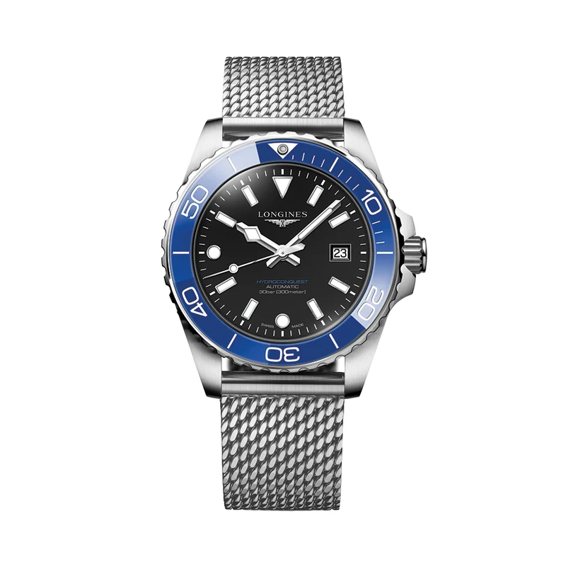HydroConquest 42mm - Black, Blue Bezel on Mesh Bracelet