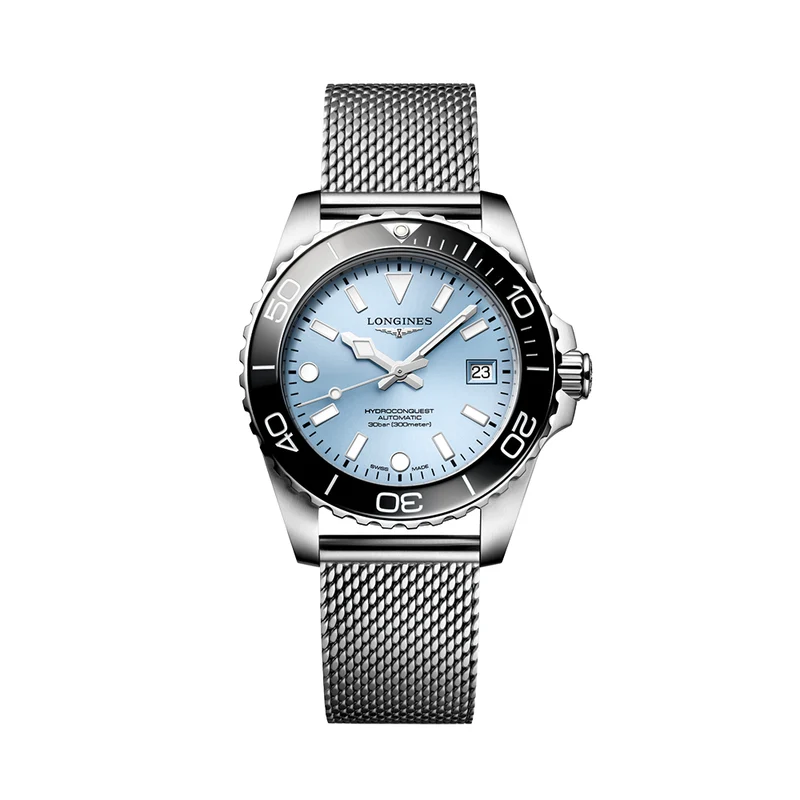 HydroConquest 39mm - Blue, Black Bezel on Mesh Bracelet
