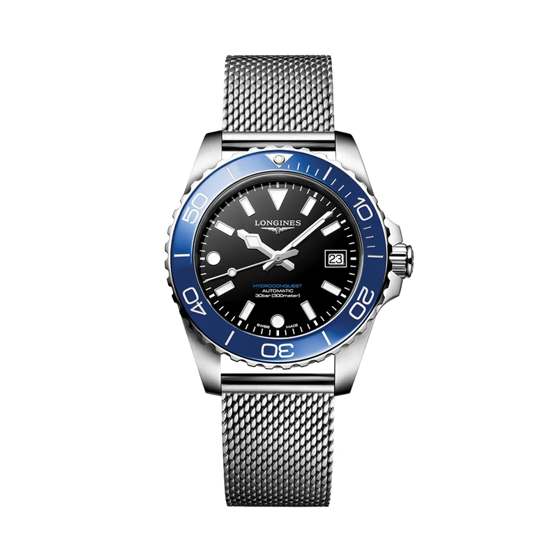 HydroConquest 39mm - Black, Blue Bezel on Mesh Bracelet