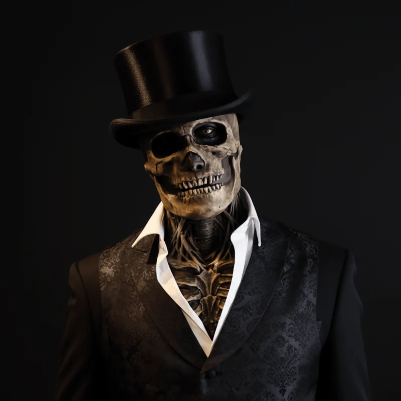 GRAVEFACE – Maschera di scheletro realistica con cappello per un costume di Halloween definitivo