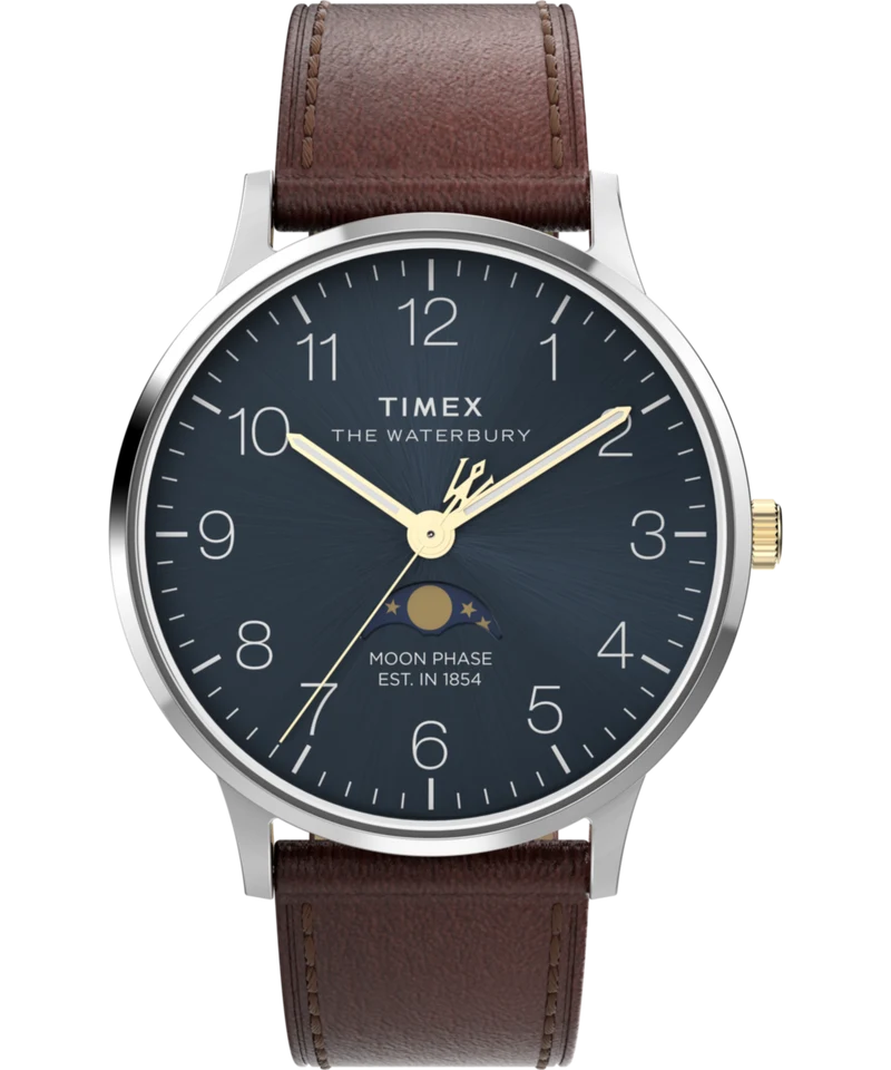 Waterbury Classic Moon Phase 40mm Leather Strap Watch