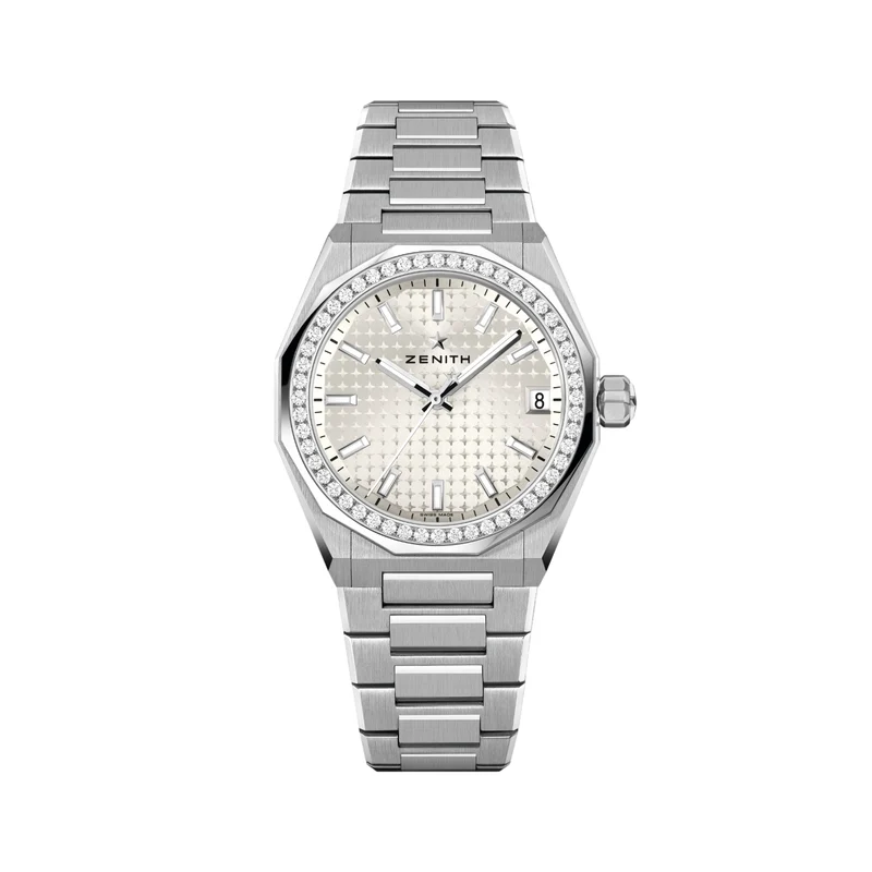 Defy Skyline w/ Diamonds 36mm - White-Toned on Bracelet w/ Extra Rubber Strap