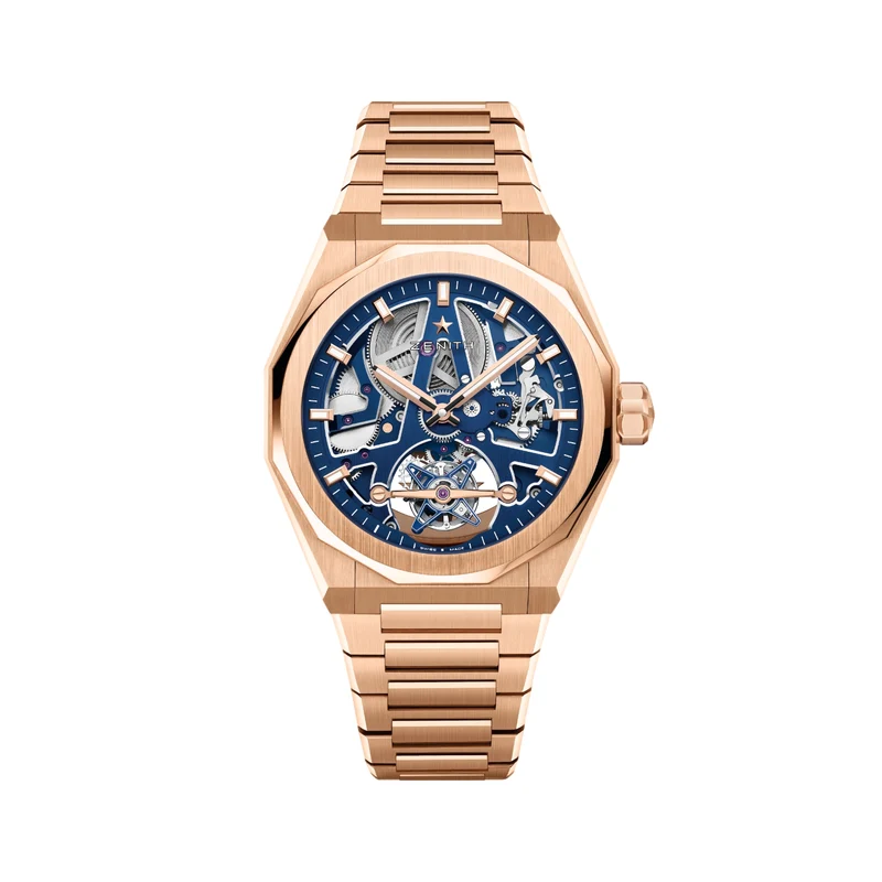 Defy Skyline Tourbillon Skeleton Rose Gold Limited Edition 41mm - Blue on Bracelet w/ Extra Rubber Strap