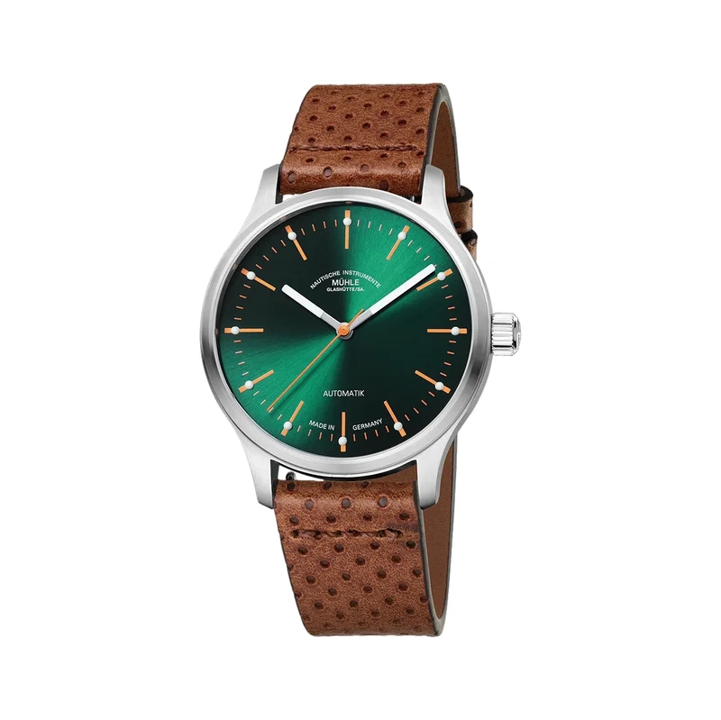 Panova 40mm - Green on Perforated Brown Leather Strap