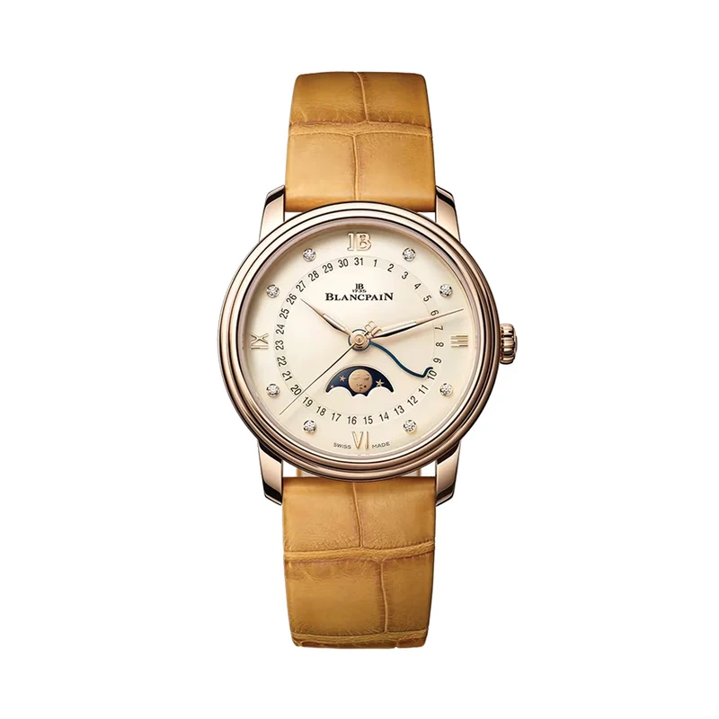 Villeret Moonphase Red Gold 33.2mm - Opaline w/ Diamonds on Leather Strap