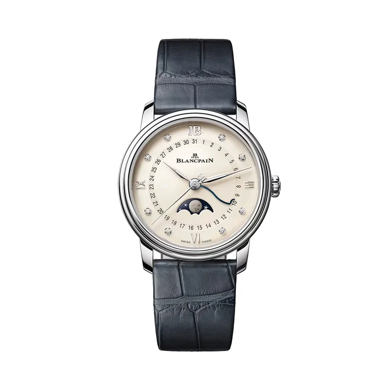Villeret Moonphase 33.2mm - Opaline w/ Diamonds on Leather Strap