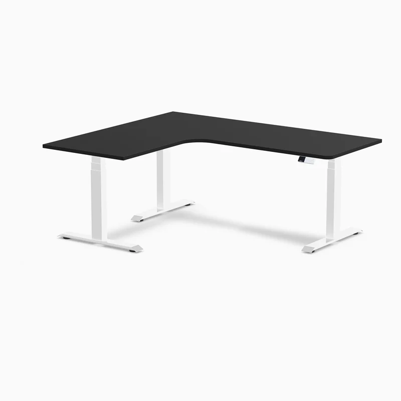 Desky L-Shape Melamine Sit Stand Desk 180cm - Left Return Black Top and White Leg