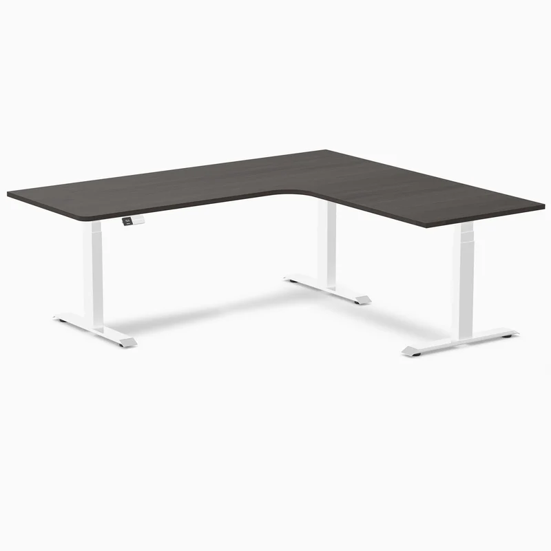 Desky L-Shape Melamine Sit Stand Desk 200cm - Right Return Burnished Wood Top and White Leg