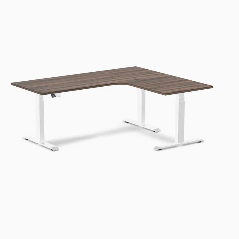 Desky L-Shape Melamine Sit Stand Desk 180cm - Right Return Jarrah Legno Top and White Leg