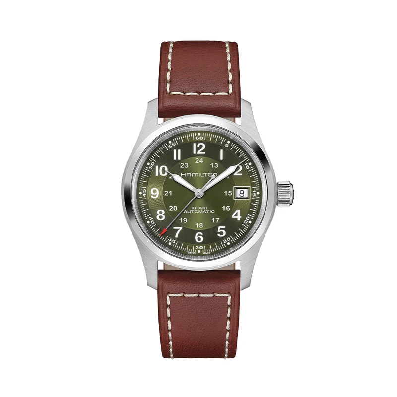 Khaki Field Auto Date 42mm - Green on Leather Strap