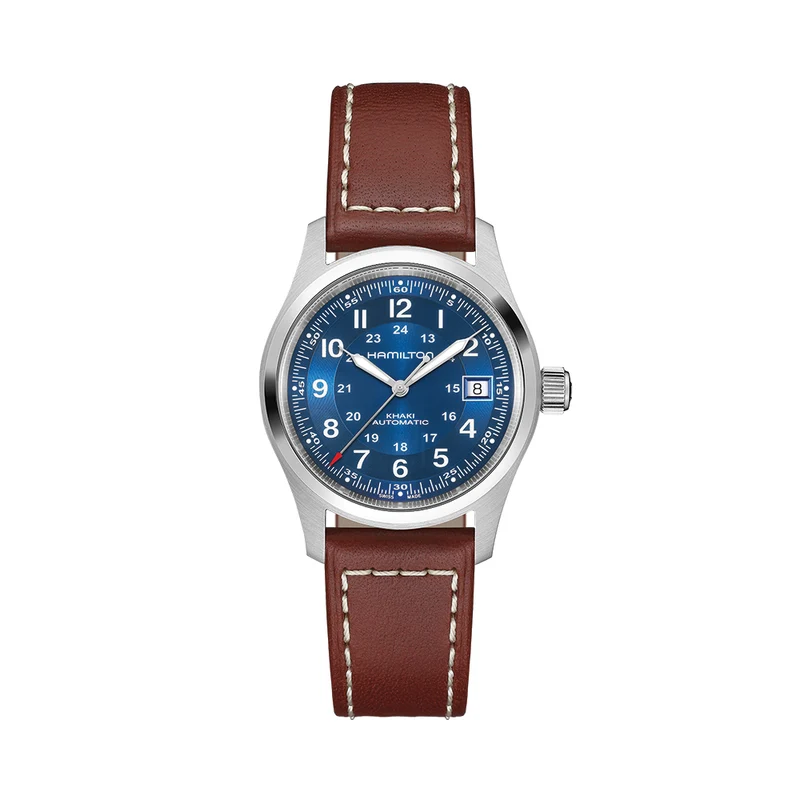 Khaki Field Auto Date 38mm - Blue on Leather Strap
