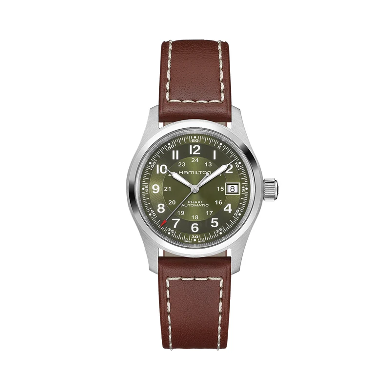 Khaki Field Auto Date 38mm - Green on Leather Strap