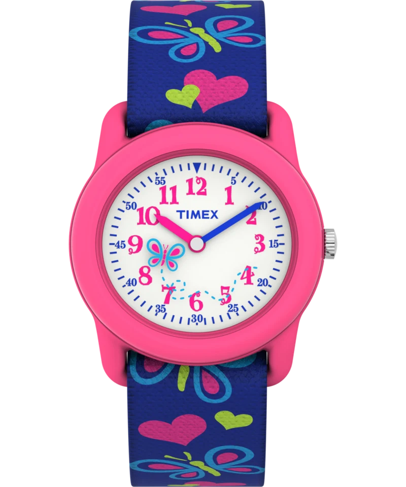 TIMEX TIME MACHINES® 29mm Butterflies and Hearts Blue Elastic Fabric Kids Watch