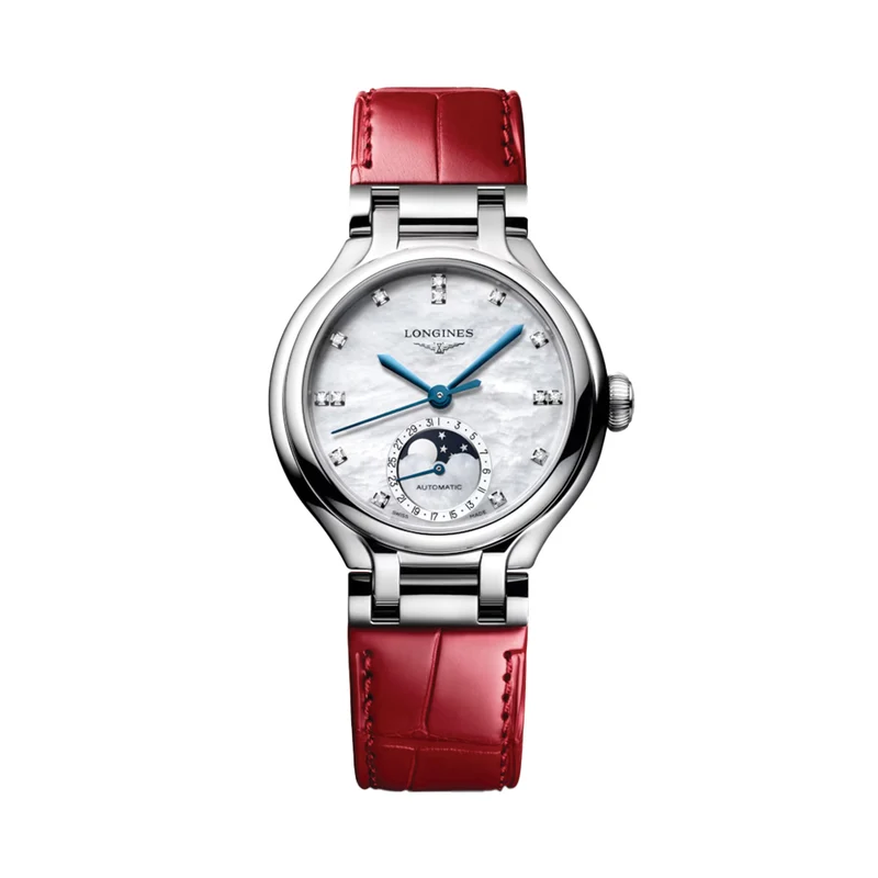 PrimaLuna Moonphase 34mm - White, Mother-of-Pearl w/ Diamonds on Red Leather Strap