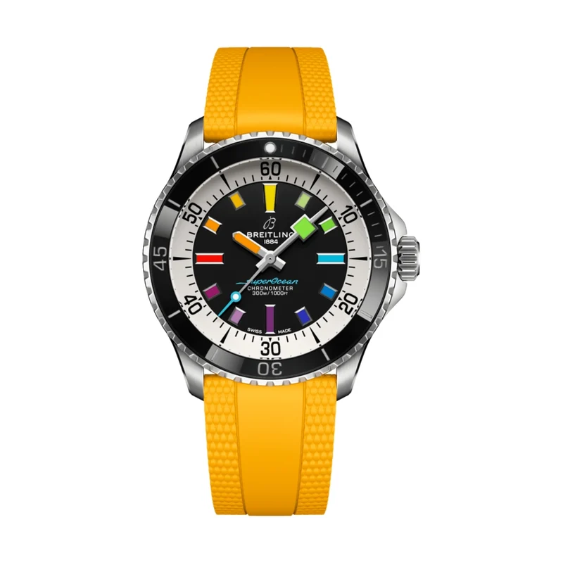 Superocean Automatic 42mm - Black w/ Rainbow Indices on Yellow Rubber Strap