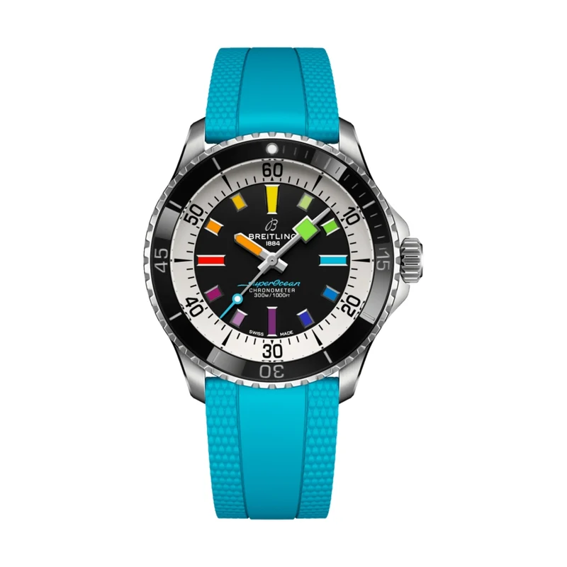 Superocean Automatic 42mm - Black w/ Rainbow Indices on Blue Rubber Strap