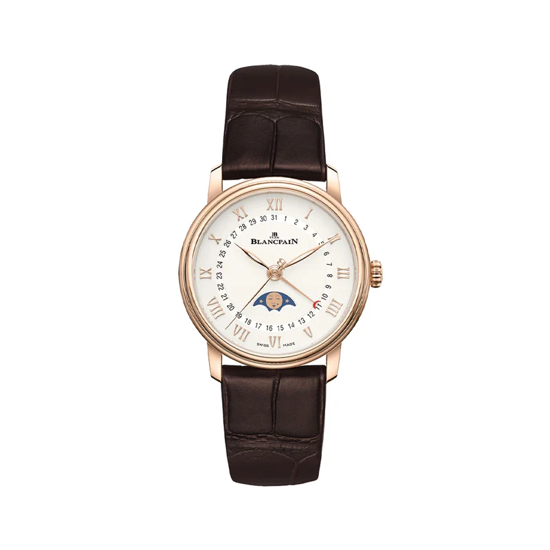 Villeret Calendar Moonphase Red Gold 33.2mm - White on Leather Strap