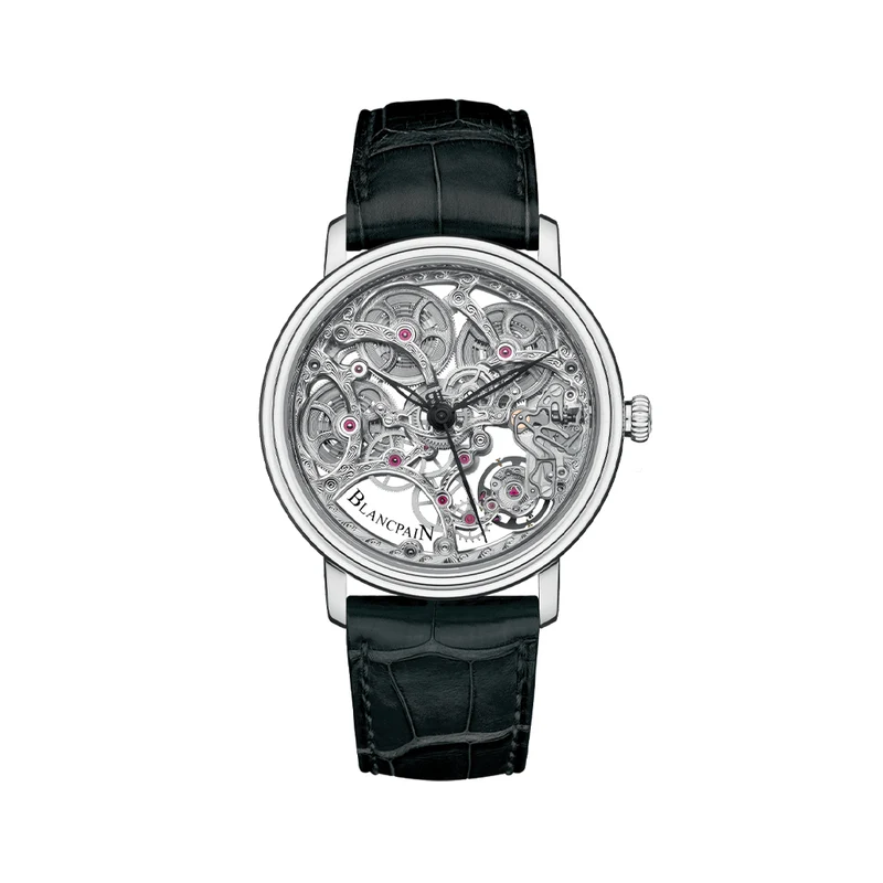 Villeret Squelette 8 Days White Gold 38mm - Skeleton Silver on Leather Strap