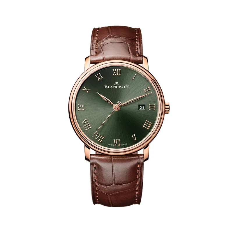 Villeret Extraplate Red Gold 40mm - Green on Leather Strap