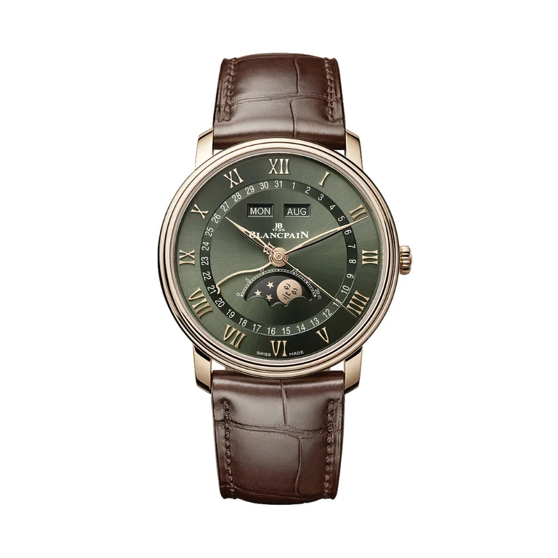 Villeret Complete Calendar Red Gold 40mm - Green on Leather Strap