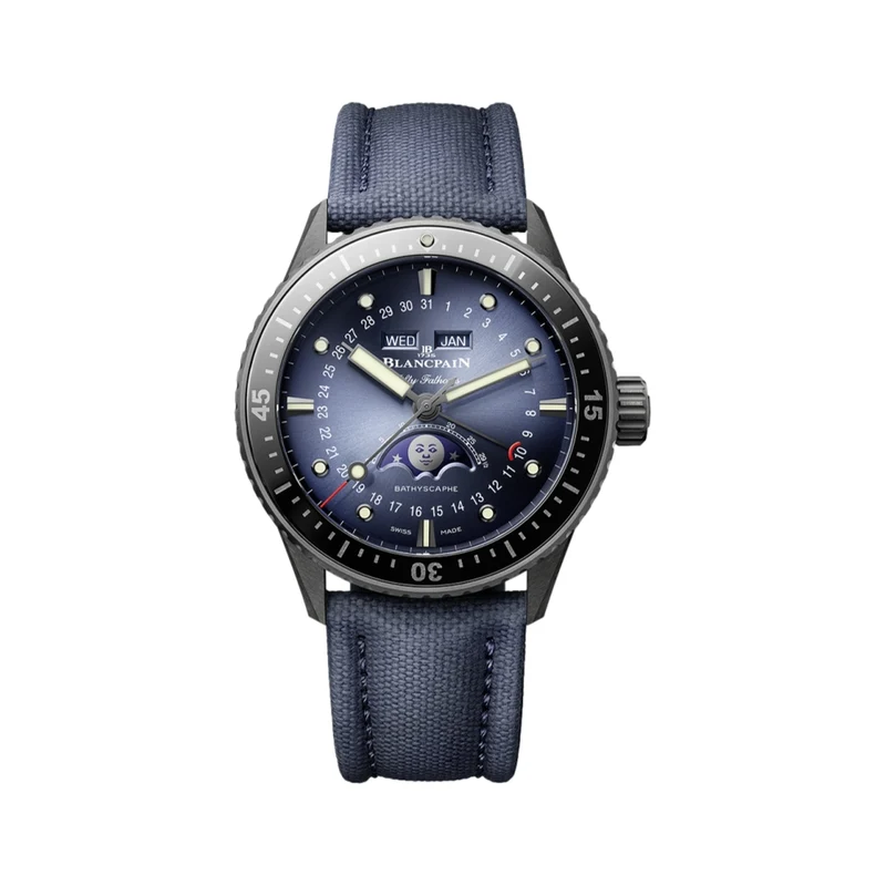 Fifty Fathoms Bathyscaphe Complete Calendar Moonphase Black Ceramic Bezel 43.6mm - Blue on Sail-Canvas Strap