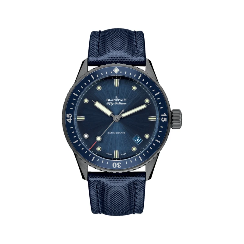 Fifty Fathoms Bathyscaphe Ceramic 43.6mm - Blue on Sail-Canvas Strap